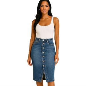 Blue Knee-length Pencil Skirt with Slit